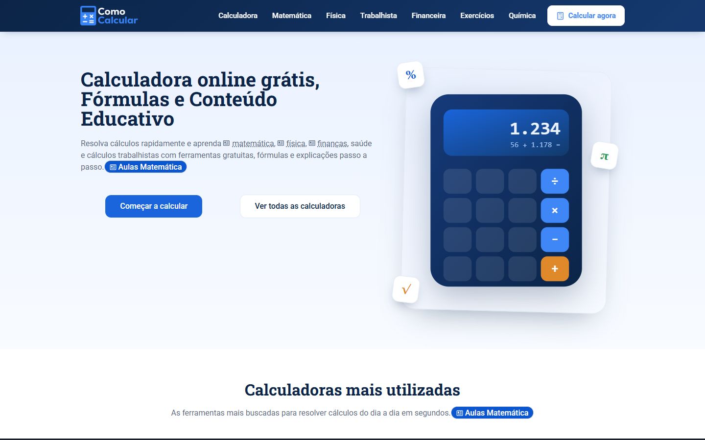 Como Calcular online calculator website home page, with a blue calculator illustration