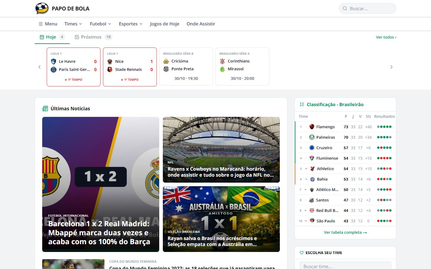 Papo de Bola sports news website home page, with live soccer matches, news and the league table